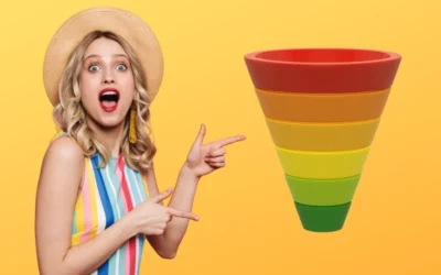 Eine Frau mit Hut und gestreiftem Kleid zeigt auf eine bunte umgedrehte Pyramide vor gelbem Hintergrund, die an einen E-Mail-Marketing-Funnel erinnert.