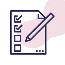 Symbol einer Checkliste mit einem Bleistift. Die Checkliste hat drei Elemente, zwei davon sind mit einem Häkchen markiert und eines ist nicht angekreuzt. Der Hintergrund enthält eine rosa abstrakte Form.