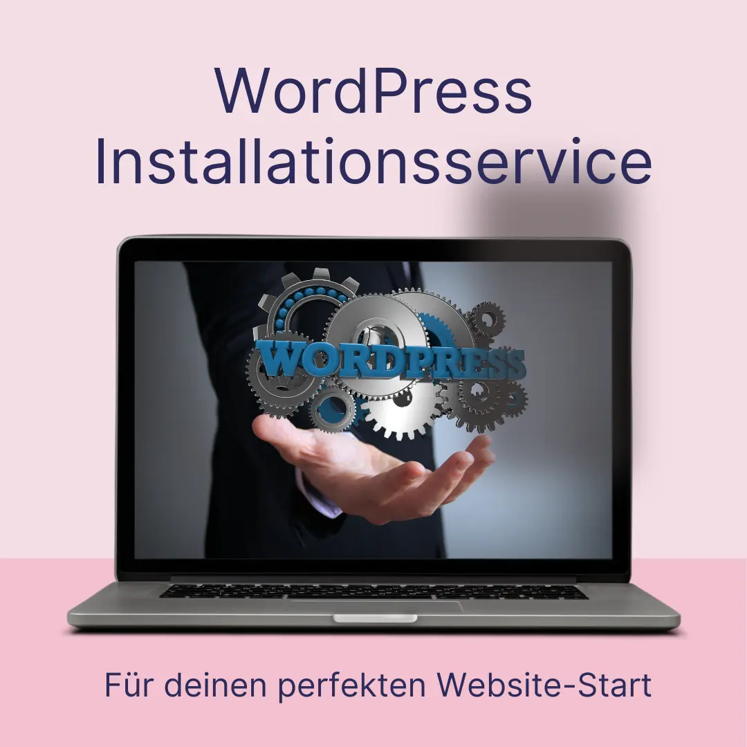 Laptop mit einer Hand, die Zahnräder und das WordPress-Logo hält. Der Text oben lautet „WordPress-Installations-Service“ und darunter „Für deinen perfekten Website-Start.“