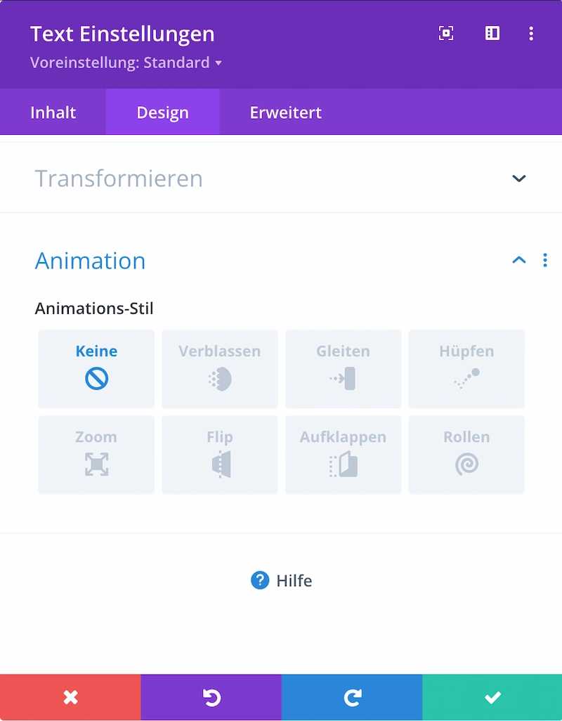 Screenshot einer Benutzeroberfläche in einem Texteditor, der Optionen für Divi Website Animationen wie Überblenden, Gleiten, Hüpfen, Zoomen, Umdrehen, Falten und Rollen zeigt. 