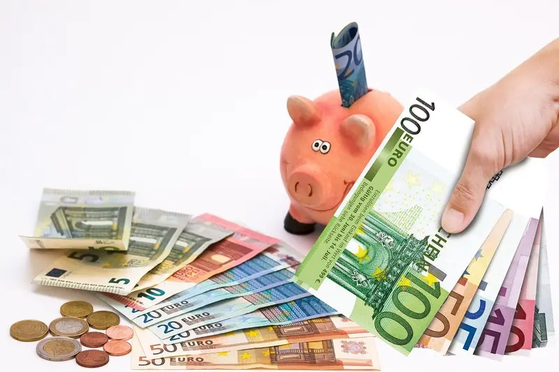Eine Person hält Euro-Banknoten in der Nähe eines Sparschweins; Euro-Scheine und -Münzen sind auf einer weißen Fläche ausgebreitet - dies zeigt, wie die Verwendung eines Open-Source-Tools Abo Kosten senken helfen kann.