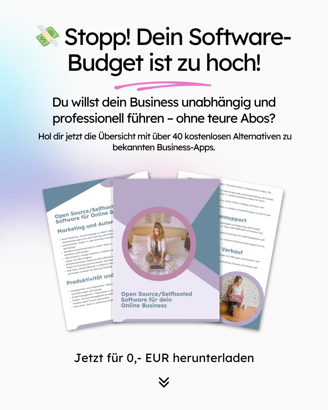 Werbegrafik in deutscher Sprache, die ein kostenloses PDF mit über 40 Alternativen für Unternehmenssoftware anbietet, mit Bildern von Dokumenten und einer Person, die einen Laptop benutzt.